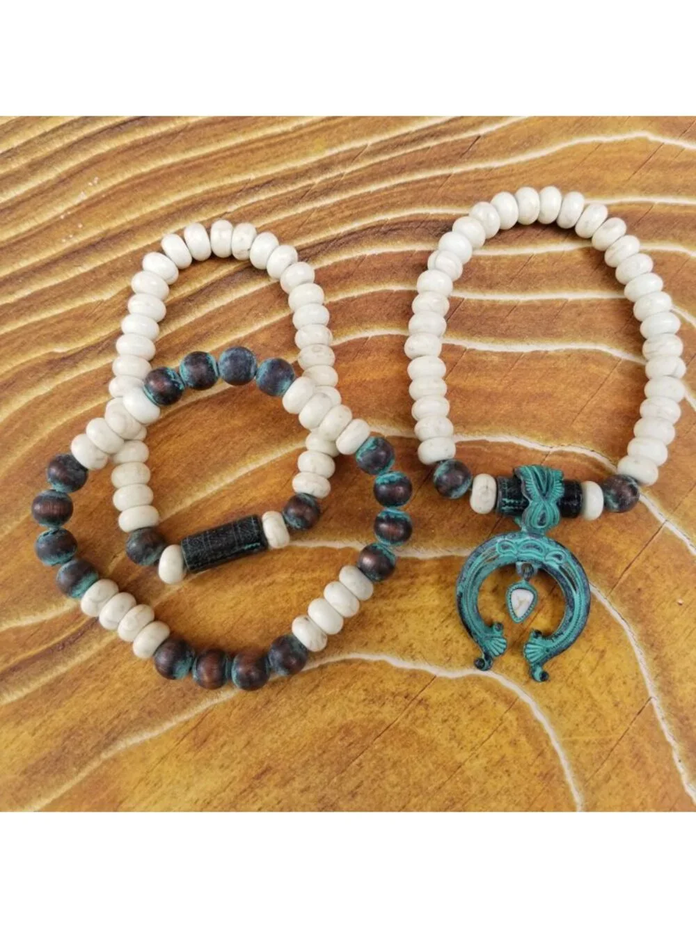 Southwestern Turquoise Patina Squash Blossom Beaded Bracelet Stack Set OSFM NWT